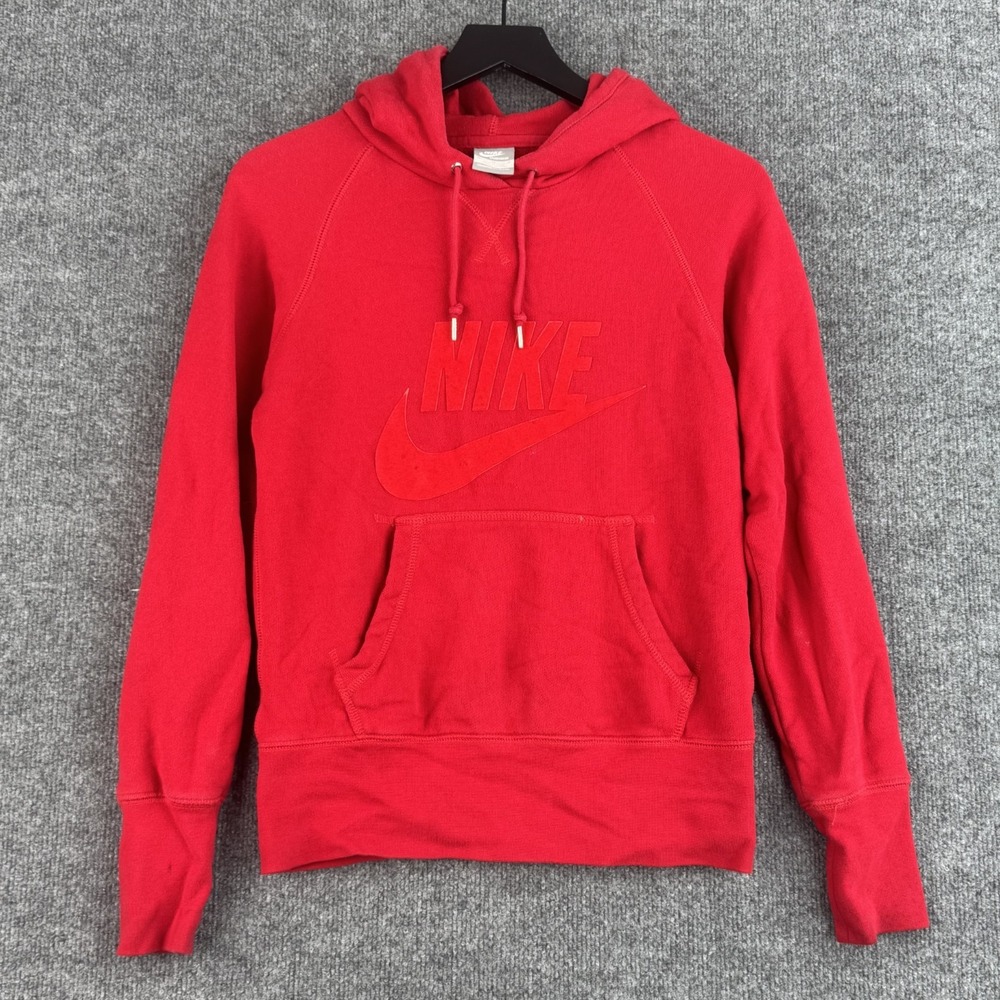 Nike Sportswear Hoodie Womens M Red Tonal Velour Logo Pullover Cotton Swoosh Y2K